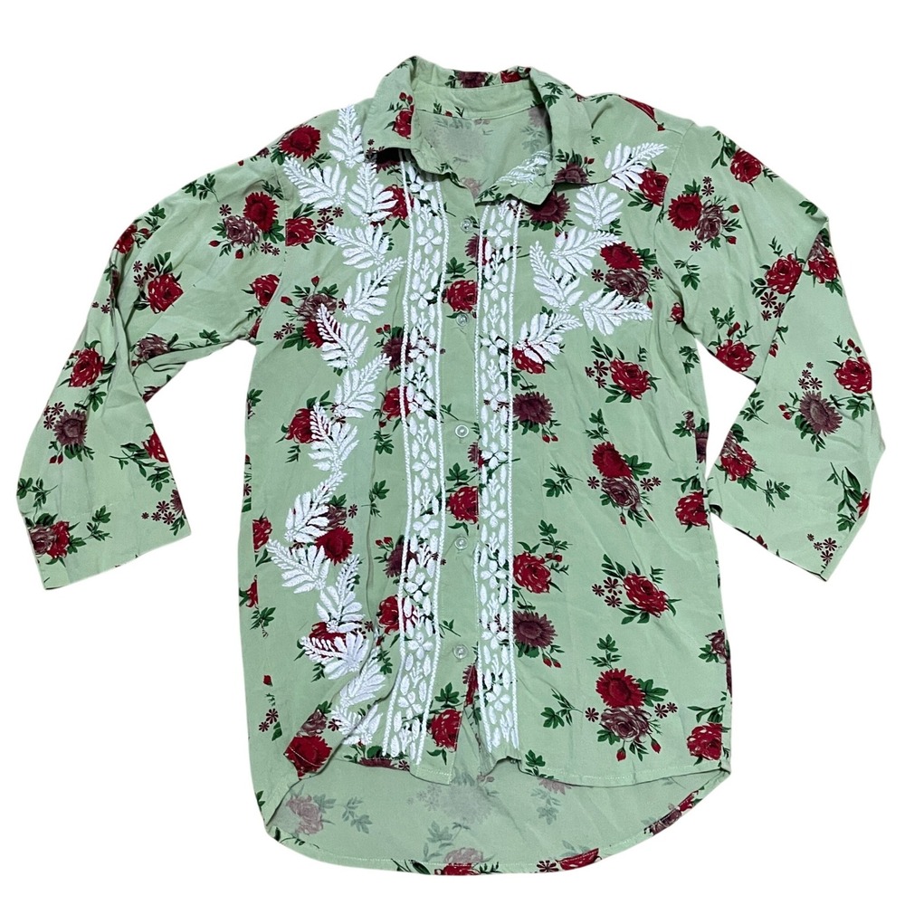 Green Floral Embroidered Women's Button Down Blouse Long Sleeve Western Boho Top
